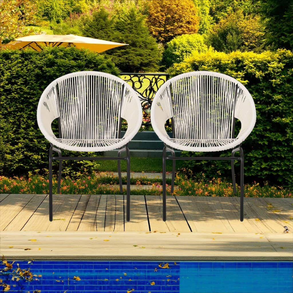 Sanu Outdoor Accent Chair Set of 2, White PE Rattan, Black Iron, Round Back