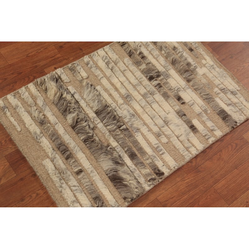 Striped Abstract Moroccan Indian Accent Rug Hand-Knotted Wool Carpet - 2'0"x 3'0"