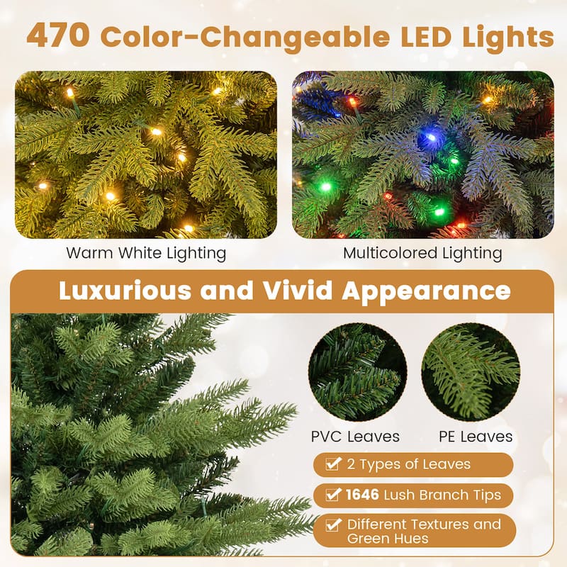 Gymax 7 FT Pre-Lit Artificial Christmas Tree Hinged Xmas Tree w/ 470