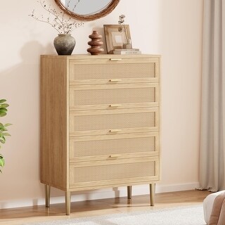 Rattan 5 Drawer Dresser, 44'' Tall Narrow Chest of Drawer - Bed Bath ...