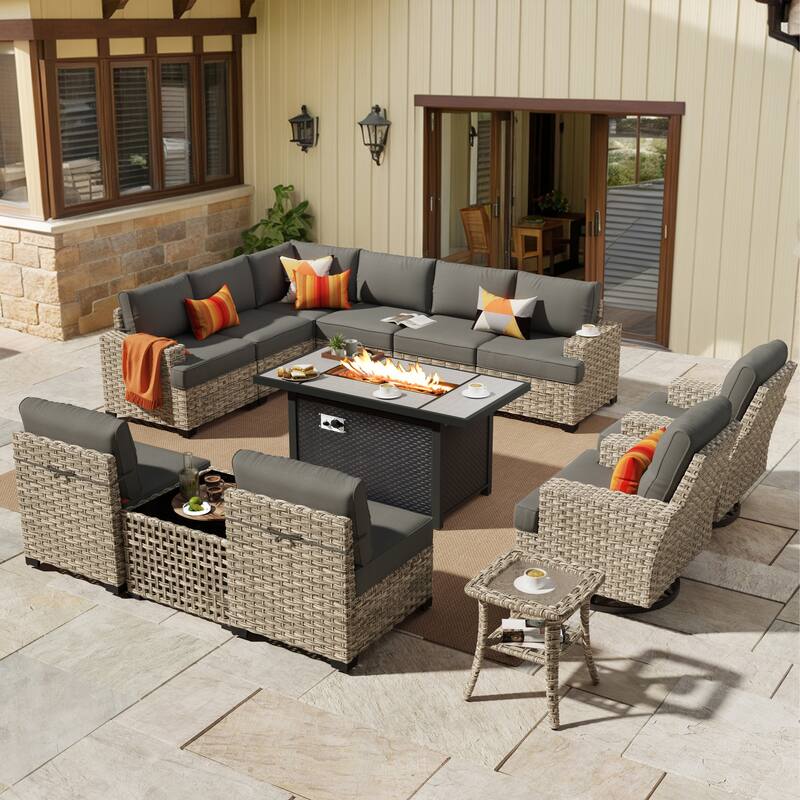 HOOOWOOO 13-piece Outdoor Wicker Furniture Swivel Chair Set with 54" Fire Pit Table - Black
