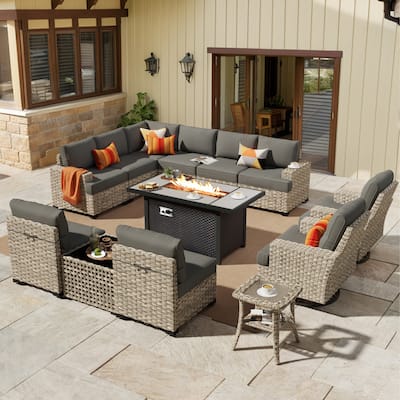 HOOOWOOO 13-piece Outdoor Wicker Furniture Swivel Chair Set with 54" Fire Pit Table