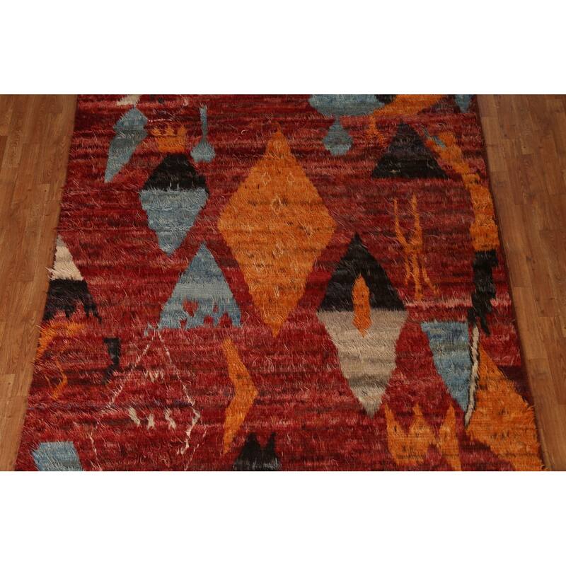 Hand Knotted Oriental 100% Wool Carpet Modern Tribal Red Moroccan Area Rug - 9' 9'' X 6' 10''