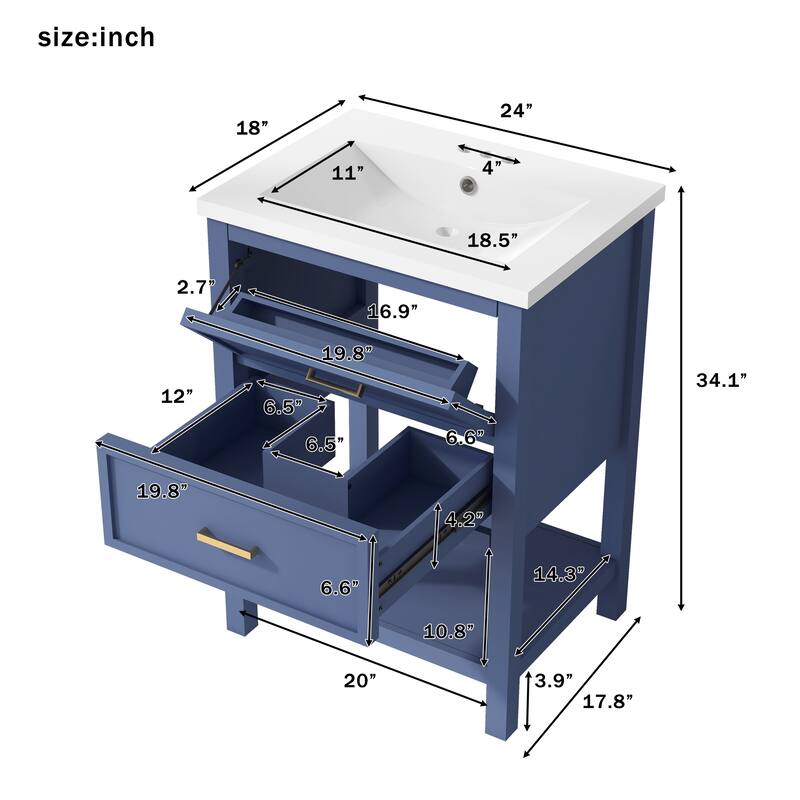 Freestanding Single Sink Storage Cabinet Bathroom Vanity with Tip-out Drawer, U-shaped Drawer, Open Shelf and Gold Metal Handles
