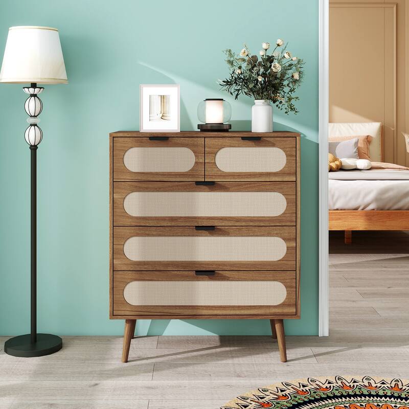 Roomfitters Mid Century 5 Drawer Storage Cabinet, Accent Chest with Rattan Fronts for Bedroom, Walnut
