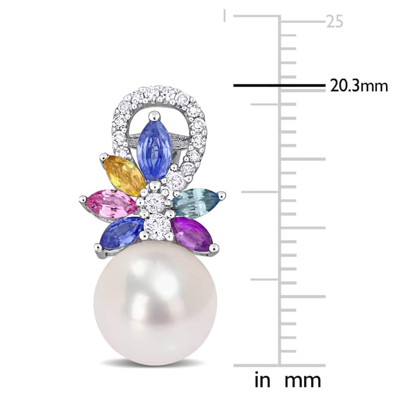 Miadora 9-9.5mm Cultured Freshwater Pearl and Multi Sapphire & 1/8 CT TW Diamond Flower Drop Earrings