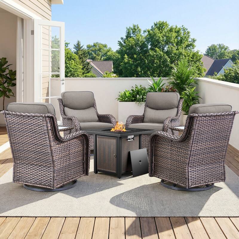 Pocassy 30 In Outdoor Fire Pits with Patio Swivel Glider Chari Set. - Brown Wicker Gray Cushion - 7-Piece Swivel Chair Table w/ Fie Pit Table