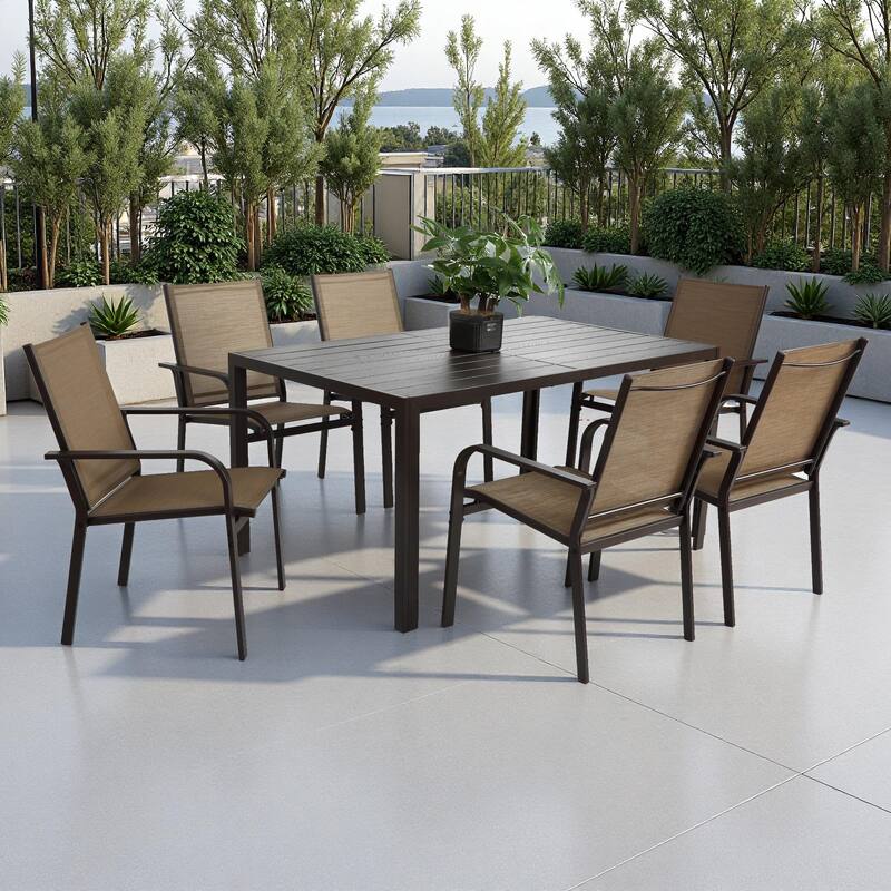 7-Piece Outdoor Patio Steel Dining Set with 59" Rectangular Table and 6 Textilene Stackable Chairs - Brown