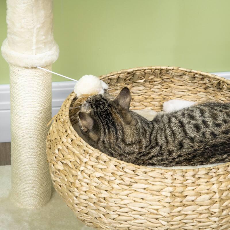 PawHut 28" Elevated Cat Bed with Sisal Scratching Post for Indoor Kitties, Modern Cat Tree with Cute Basket Design