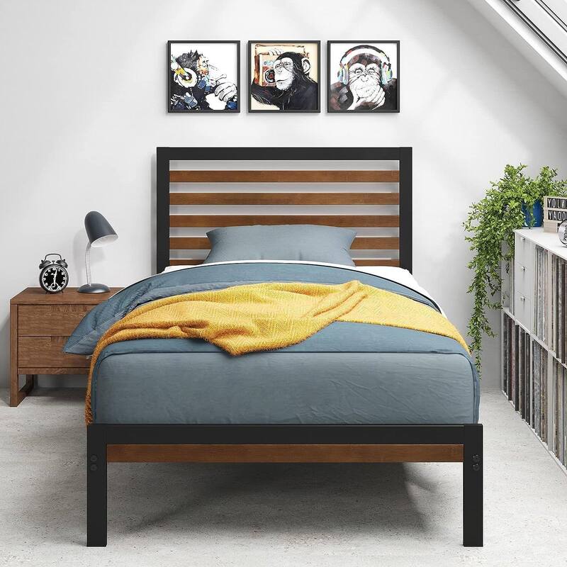 Modern Wicker Wood Platform Bed Frame with Steel Support - Twin