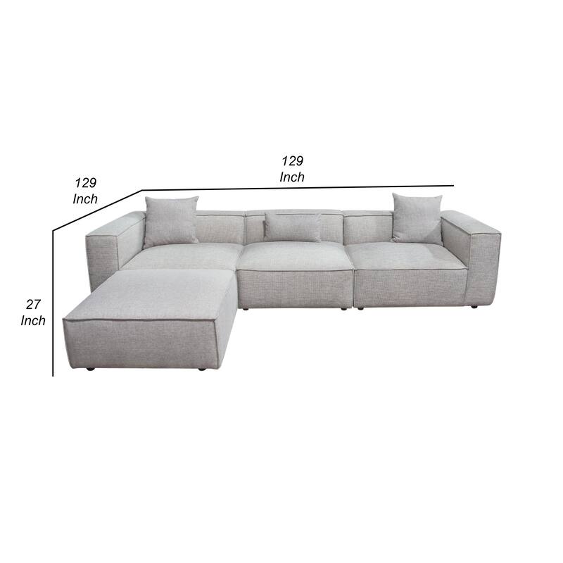 Daro 4pc Modular Sofa with Chaise, 3 Pillows, Barley Gray Polyester