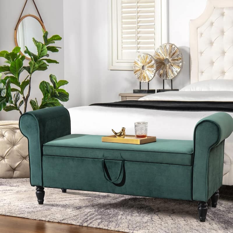 Andeworld Storage Bench Ottoman with Upholstered Arms,bench in front of bed - Green