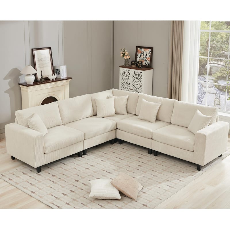 Oversized Sectional Sofa Set, L Shaped Corduroy Couch Deep Seat Chaise Lounge with 5 Throw Pillows for Living Room Loveseat