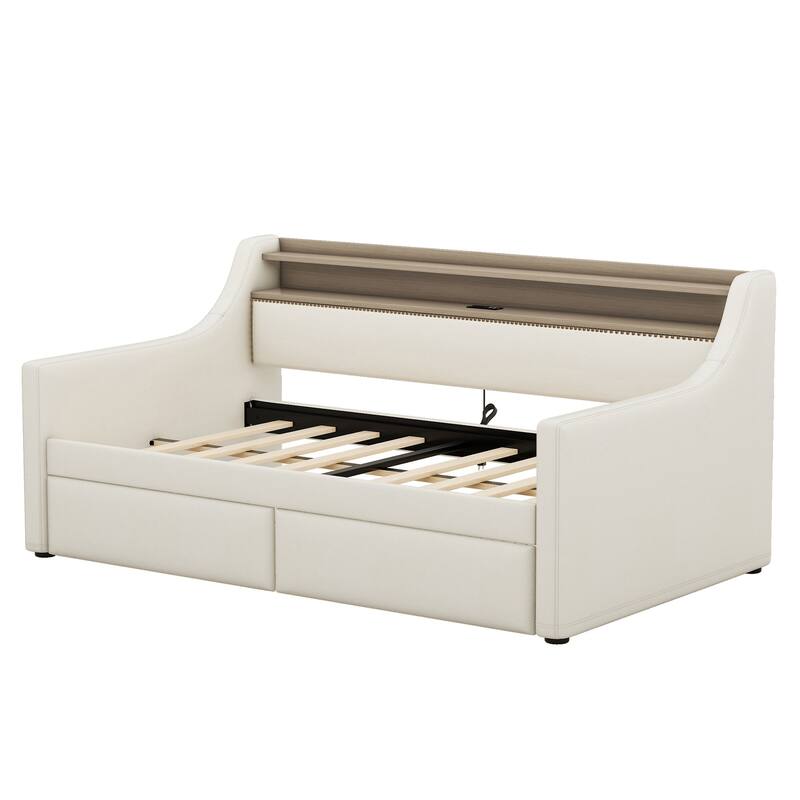 Roomfitters Twin Upholstered Daybed with Drawers, LED Charging Station and Storage Headboard, Beige