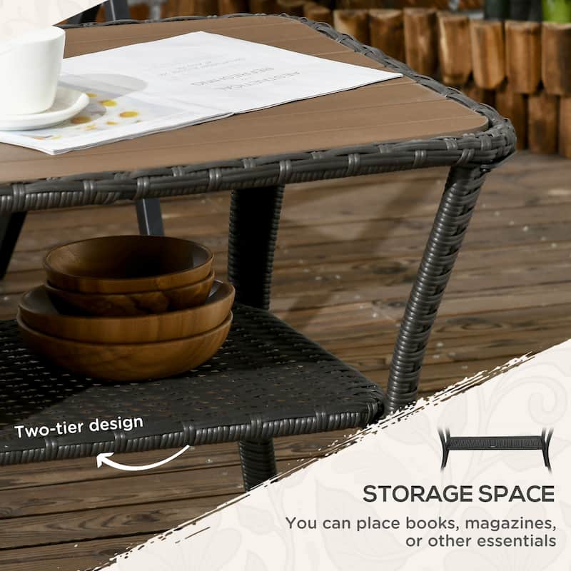 Patio PE Rattan Coffee Table with Storage Shelf, Outdoor 2-Layer Side Table with Wood-plastic Composite Top