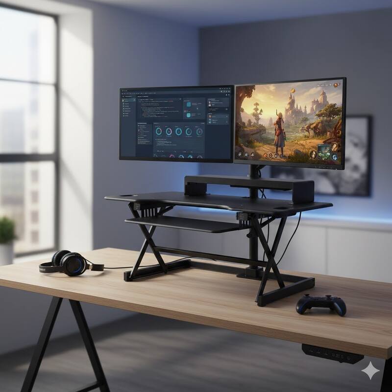 Rocelco 46 in. W Black Height Adjustable Standing Desk Converter with Double Monitor Mount Stand and Deep Keyboard Tray