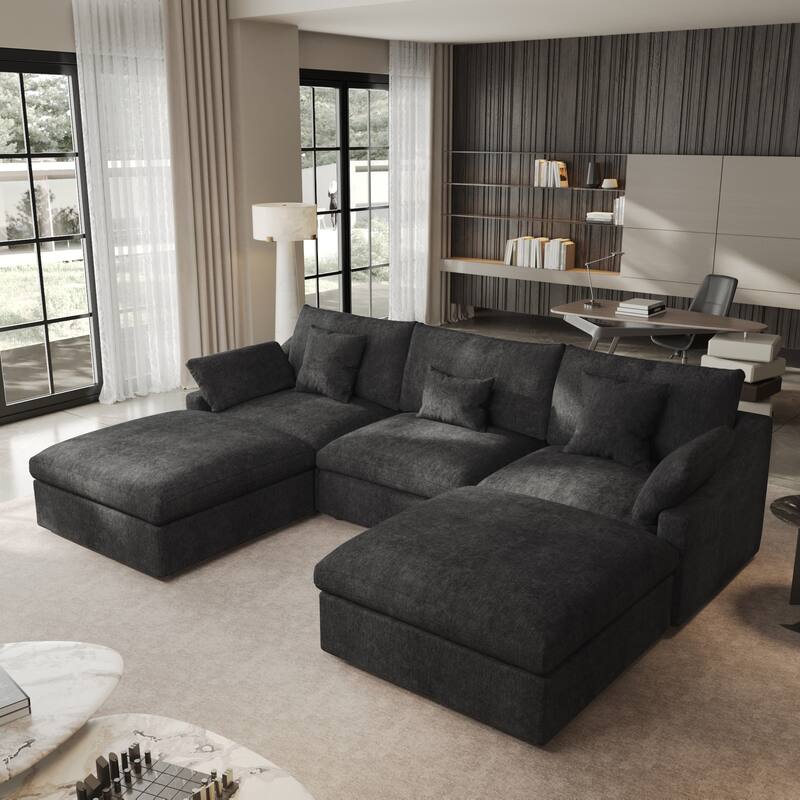 Classic Modern Linen Sectional Modular Sofa 3-Seater with 2 Ottomans, U-shaped Down Filled Cloud Couch with Cushions - Black