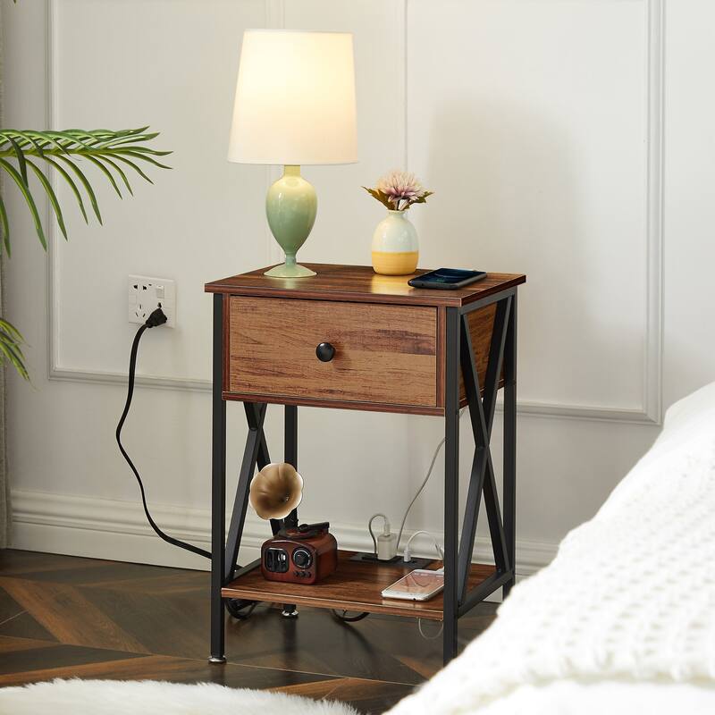Javlergo 1-Drawer Nightstand with Charging Station and Storage Shelf