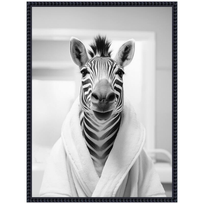 Kate and Laurel Sylvie Zebra Bathroom Art Towel Robe Black and White Framed Canvas by The Creative Bunch Studio