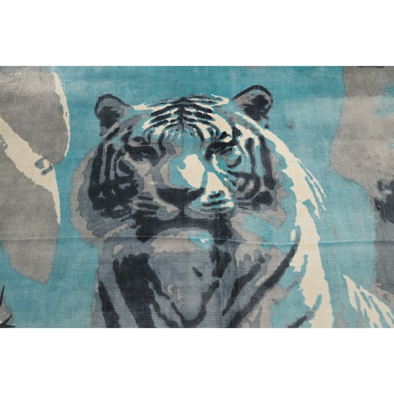 Hand Knotted Oriental Viscose Silk Carpet Modern Animal Pictorial Navy Blue & Blues Abstract Area Rug - 7' 7'' X 5' 8''