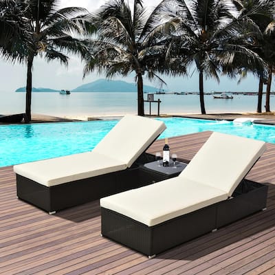 2PCS Adjustable Chaise Lounge, PE Rattan Pool Table Teak Accent