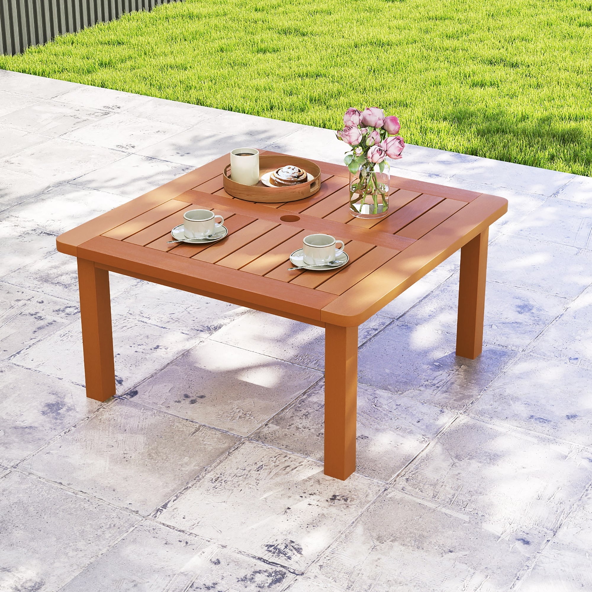 Gymax Patio Coffee Table w/ Umbrella Hole Slatted Tabletop & Teak