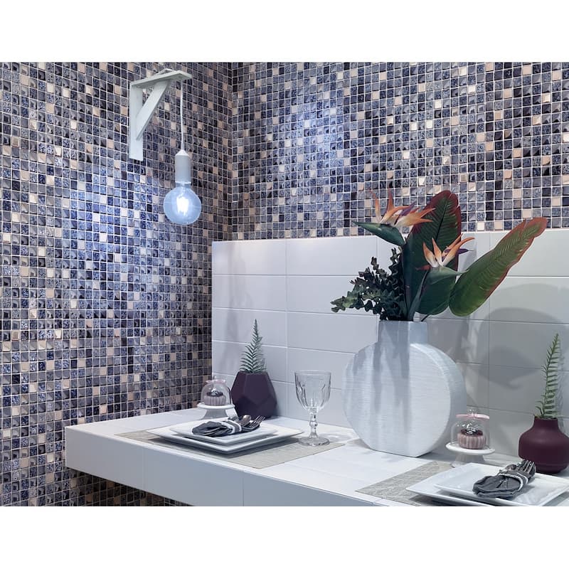 Apollo tile 12" x 12" Elaina Glossy Textured Blue Glass Metal Tile (4.75 sq ft/case) - 5 Pack