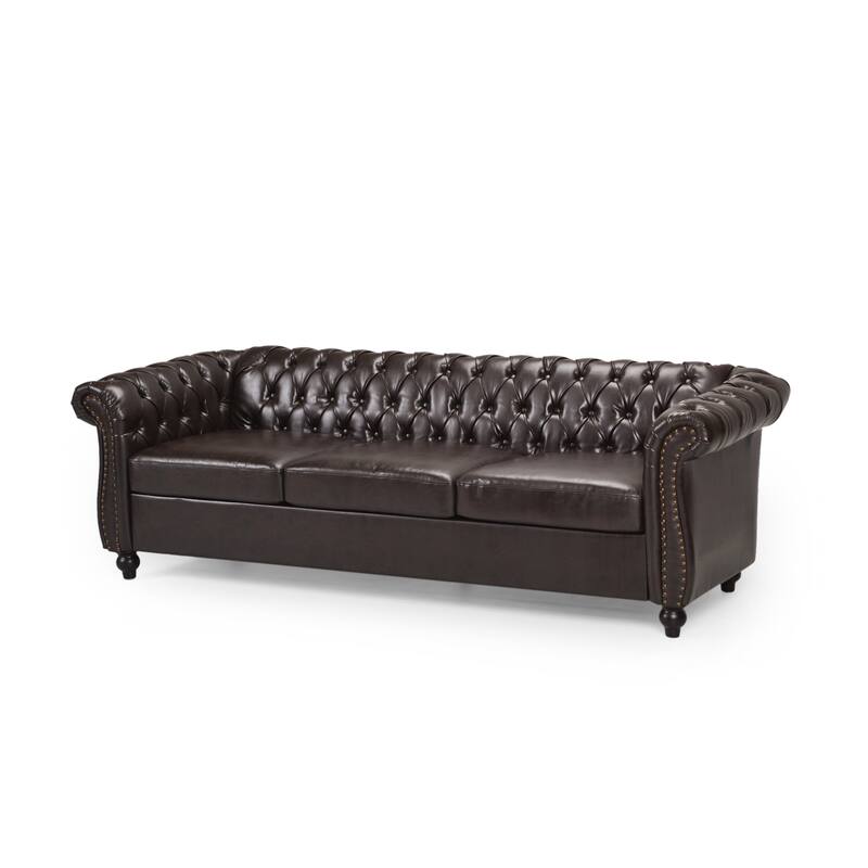 84.75" PU 3-Seater Sofa, Button Tufted, Nailhead Trim and Scrolled Arms
