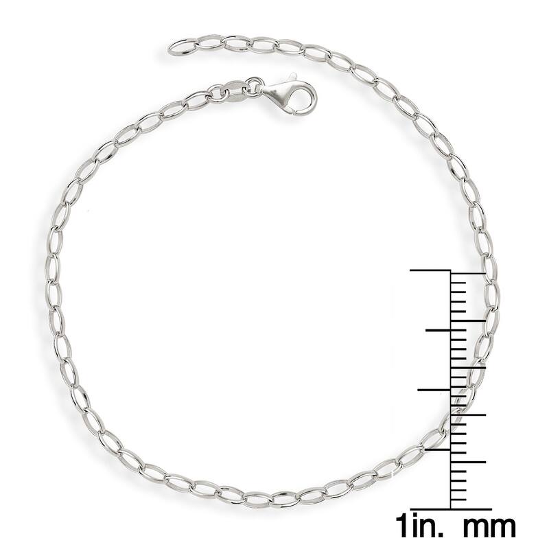 Sterling Silver Oval Rolo Link Charm 10-inch Anklet - White