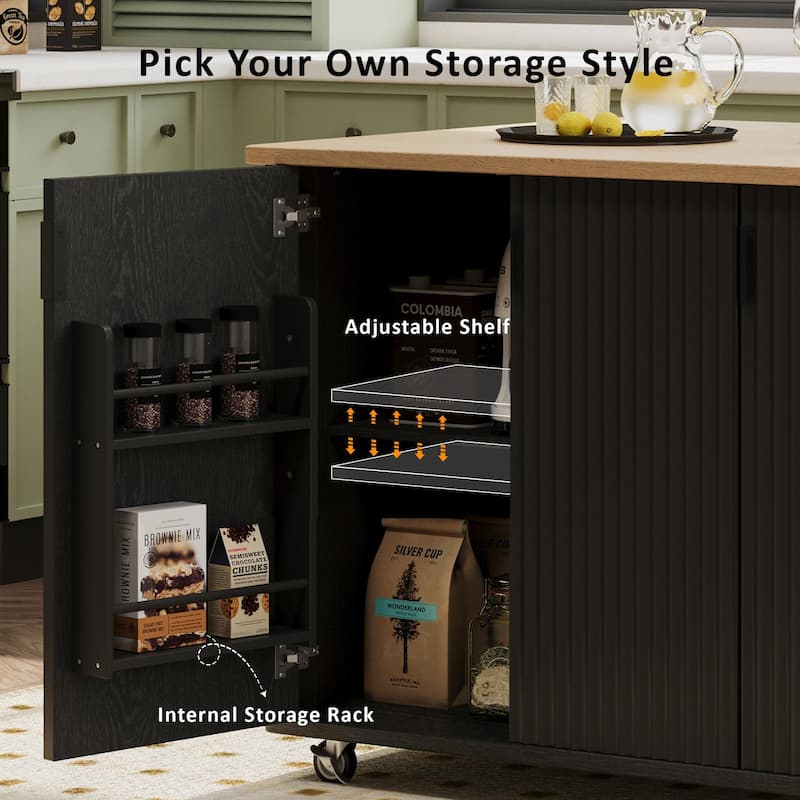 51" Farmhouse Fluted Kitchen Island with Drop Leaf, Internal Storage Rack & Towel Rack