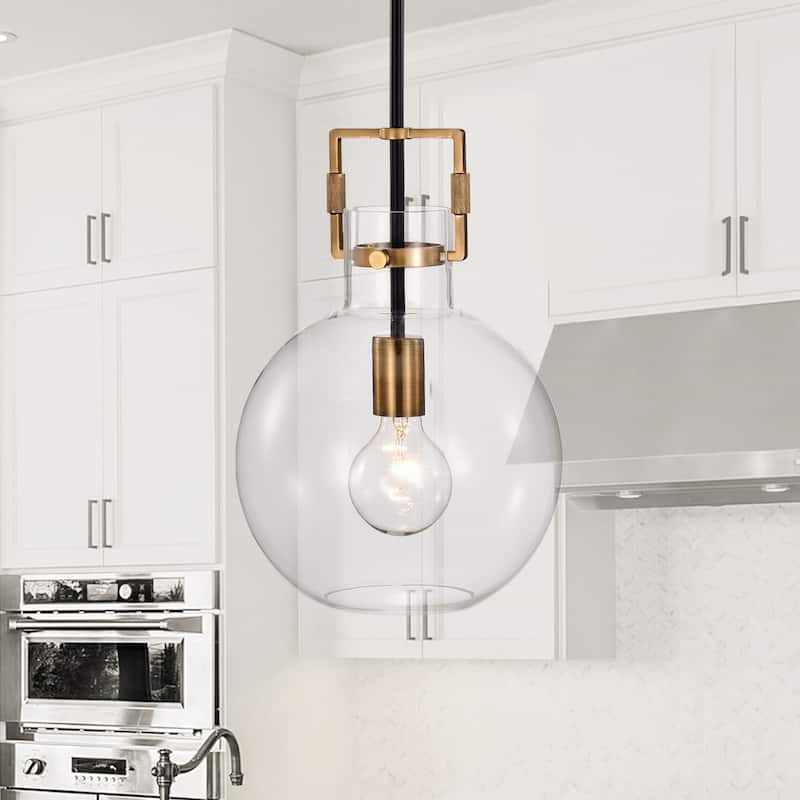 Black and Antique Gold 1-Light 10 Inch Globe Shaped Clear Glass Pendant