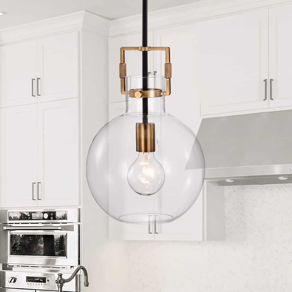 Black and Antique Gold 1-Light 10 Inch Globe Shaped Clear Glass Pendant