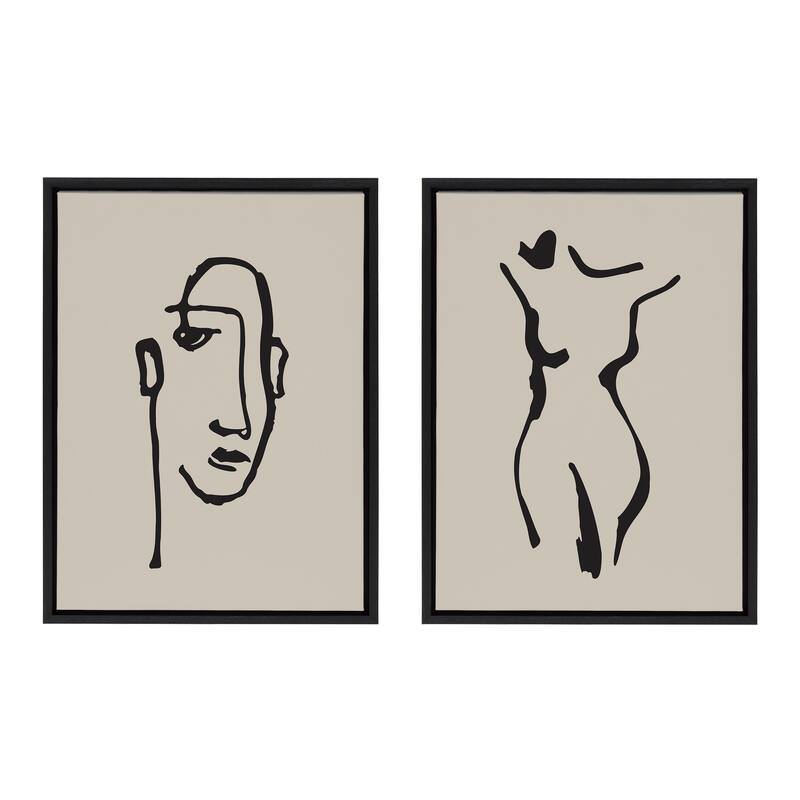 Kate and Laurel Sylvie Minimalist Neutral Line Art Drawing Face and Body Framed Canvas Art Set by The Creative Bunch Studio