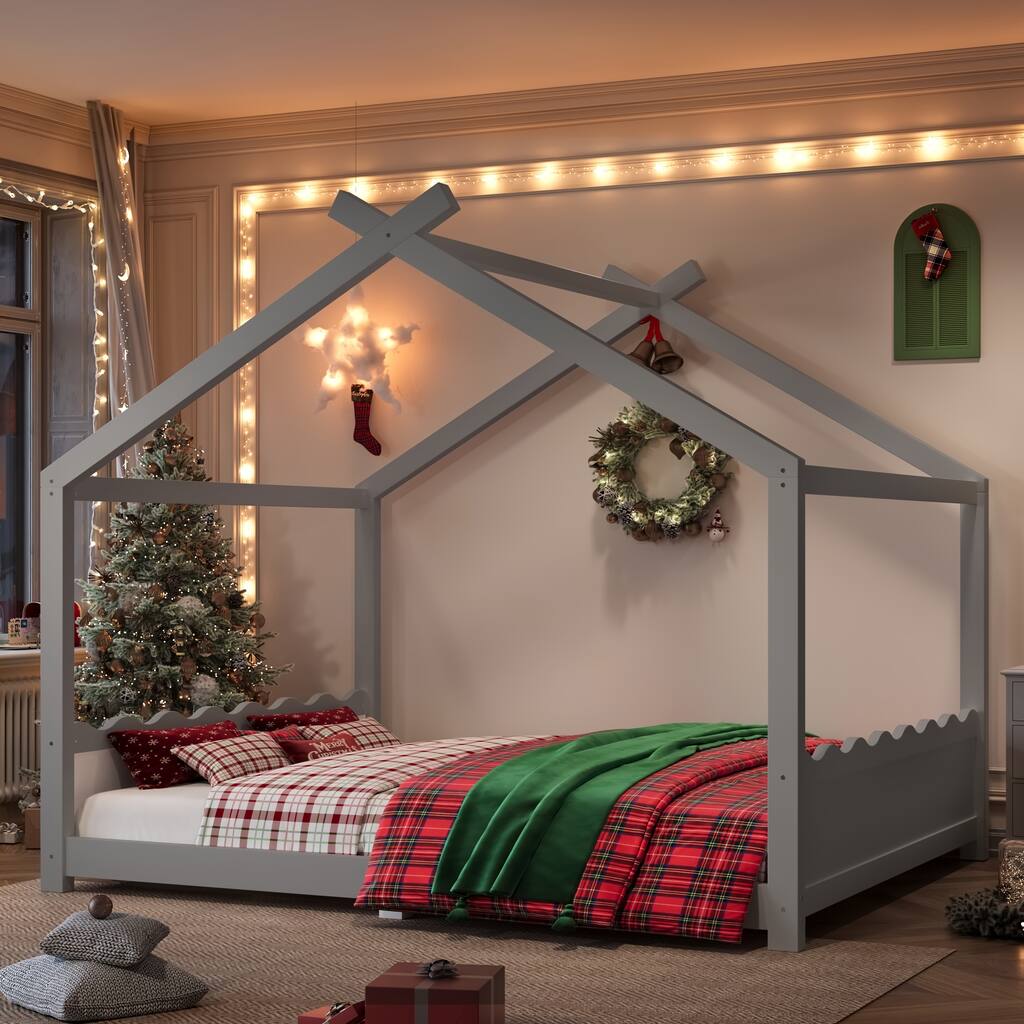 Queen House Floor Bed with Support Slats, Solid Wood House Bed Frame for Kids, No Box Spring Needed