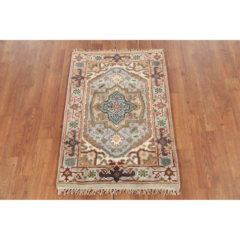 Gray Geometric Heriz Serapi Indian Accent Rug Handmade Wool Carpet - 2'0"x 3'0"