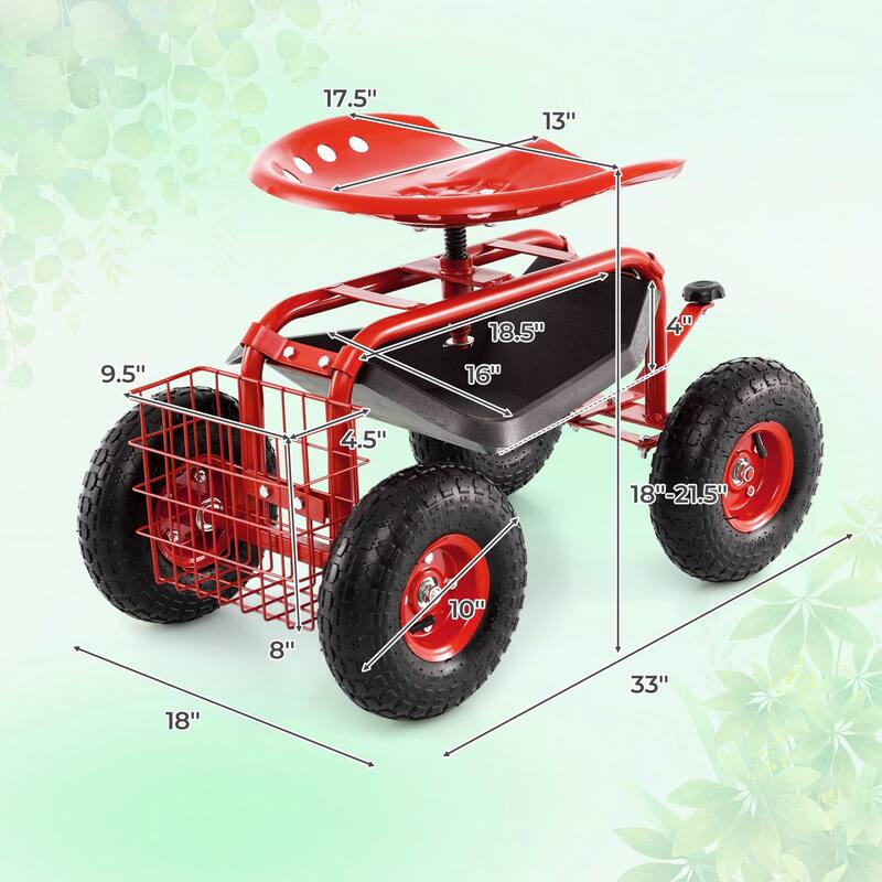 Gymax Cart Wagon Rolling Work Seat w/ Tool Tray Basket Planting Patio