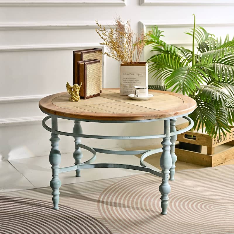 Rossetta Round Farmhouse Rustic Style Coffee Table with Metal Frame and Open Storage - Wood - Natural Wood Wash