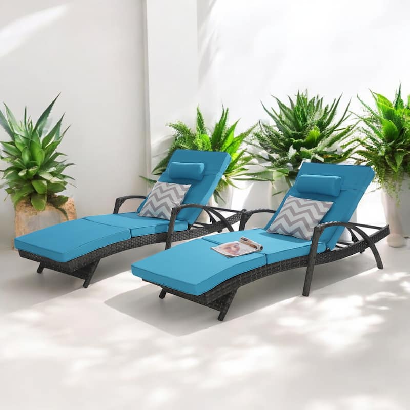 Outdoor Wicker Reclining Lounge Chairs Set of 2 with Cushions – Adjustable, Lawn Chairs for Patio, Poolside, and Garden - Light Blue