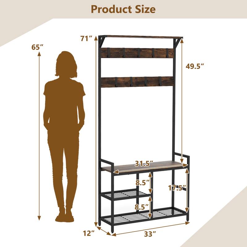 Costway 3-in-1 Coat Rack Industrial Hall Tree Shoe Bench Entryway - See Details