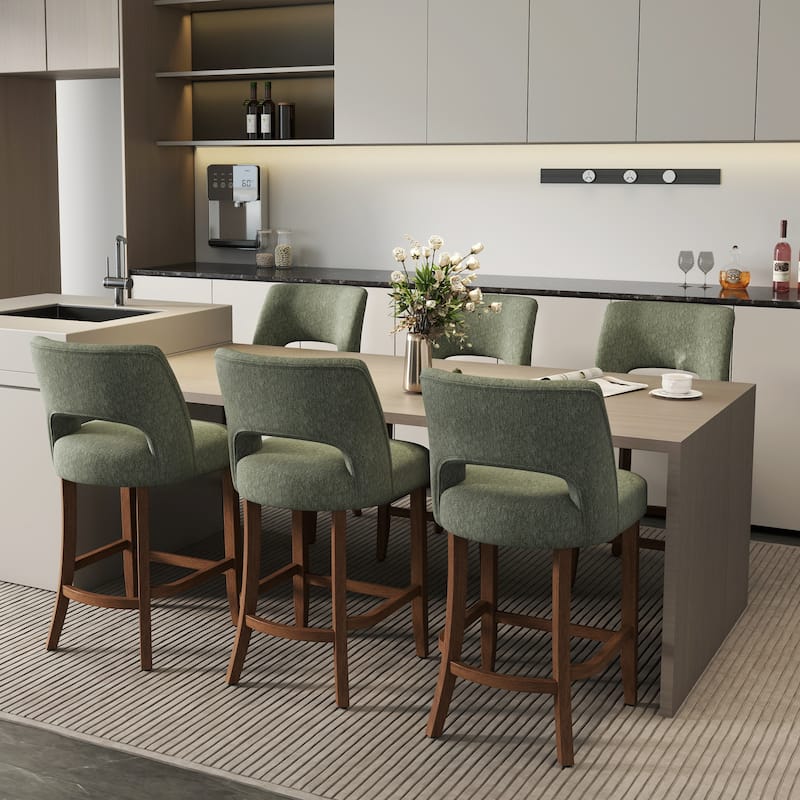 Set of 2/4/6,Upholstered Counter Height Bar Stools,Modern Counter Stools with Wood Legs for Kitchen Island Dining Room Bar - Green - Set of 6