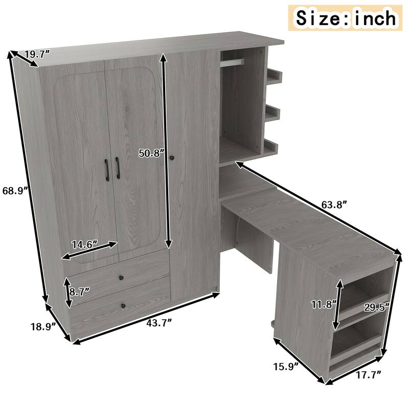 2-Door Wardrobe with Convertible Desk, Multiple Drawers & Hanging Storage