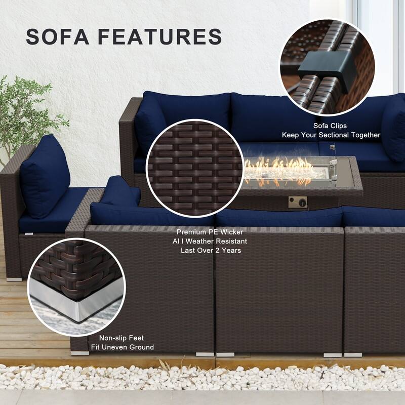 9-Piece Outdoor Brown Wicker Sectional Patio Conversation Set with 43″ Fire Pit Table, Cushion