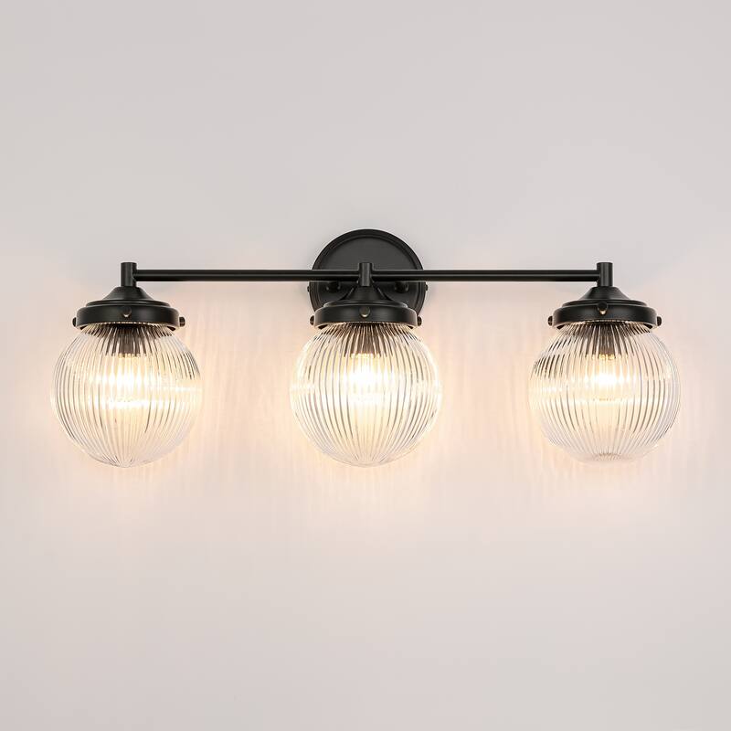 3-Light Modern Linear Ribbed Clear Glass Globe Bubble Bathroom Vanity Light over Mirror - 24.4 in. W x 9.6 in. H x 6.6 in. D