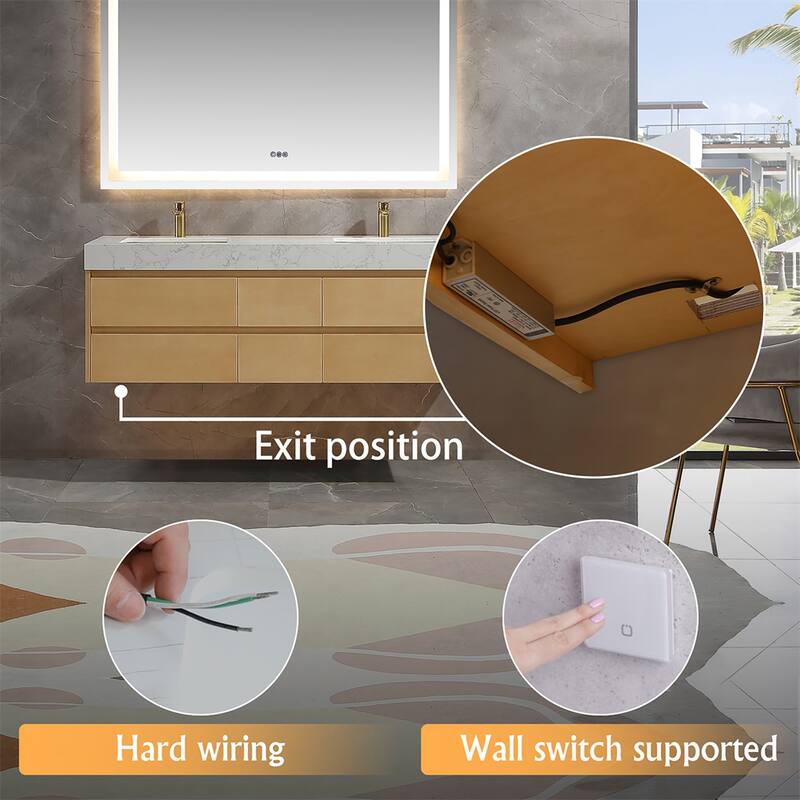 48 in./ 60 in. Solid Wood Wall-Mounted Bathroom Vanity Set in Maple with Engineered Stone Top and Ceramic Sink
