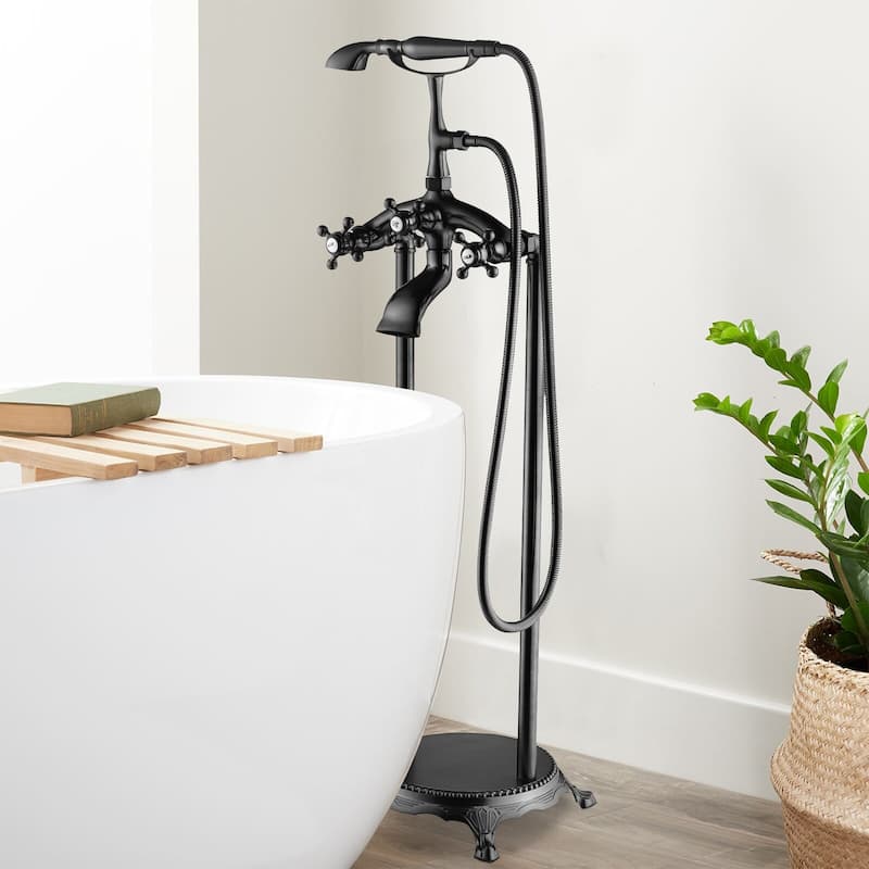 39.37"H Solid Brass 3 Handle Floor Mounted Clawfoot Tub Faucet with Diverter