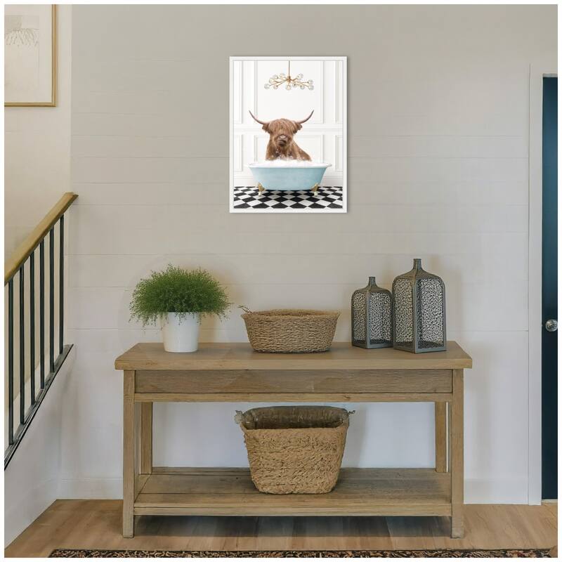 Kate and Laurel Sylvie Highland Cow in Blue Bathtub on Checker Floor Framed Canvas by Amy Peterson