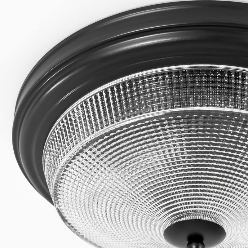 2-Light Modern Vintage Black Cone Textured Prismatic Glass Flush Mount Light - 14.5 in. W x 6.6 in. H