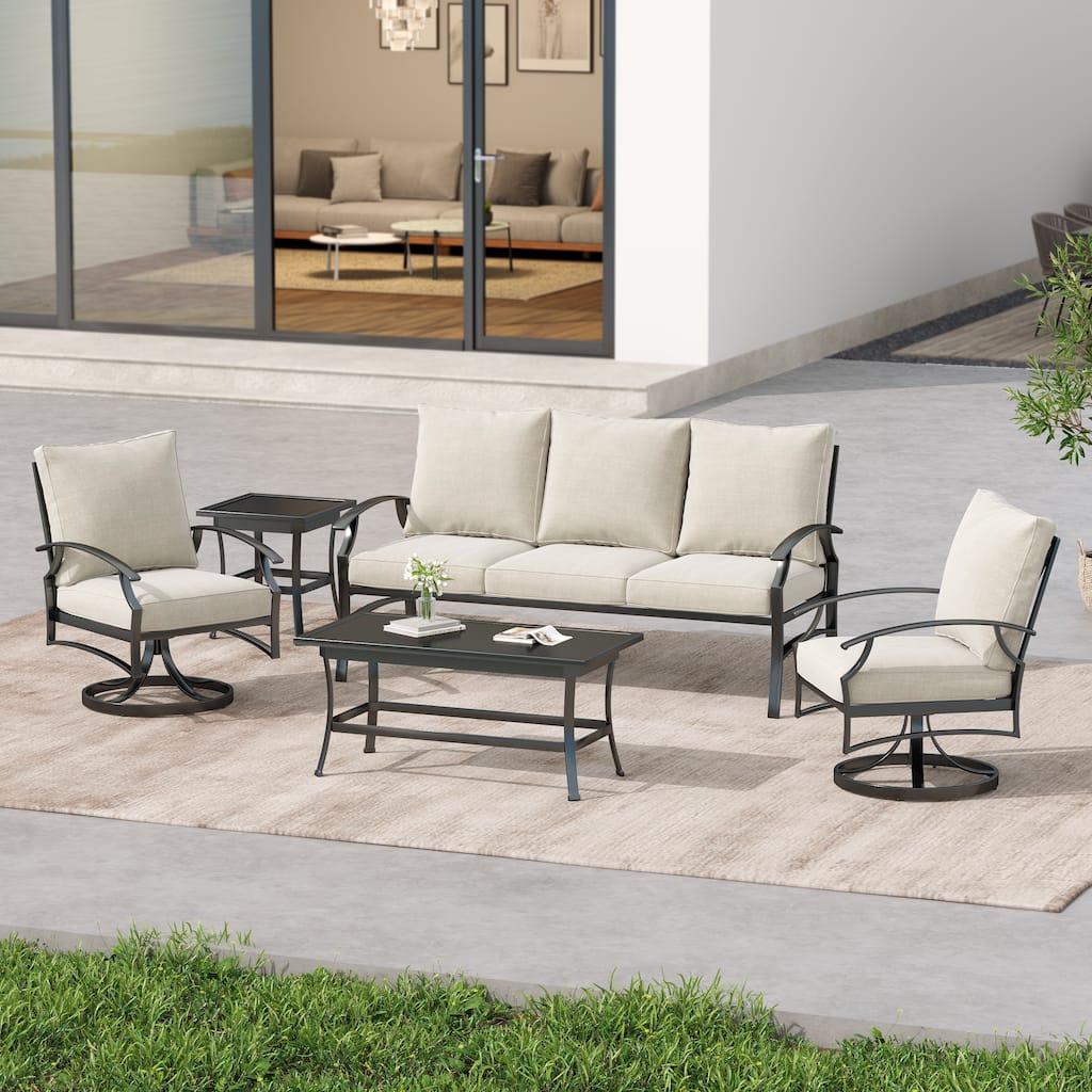 5-Piece Outdoor Patio Metal 74" W Sofa/ Swivel Chair Seating Group