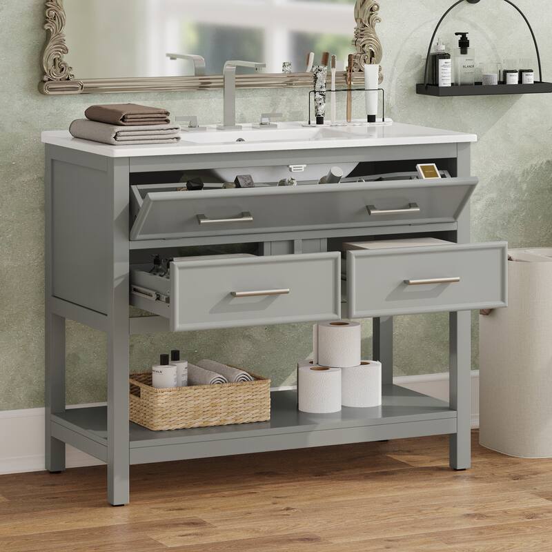 36" Bathroom Vanity with Ceramic Sink, Tip-Out Tray, 2 Full-Extension Soft Close Drawers, Silver Pulls and Open Shelf