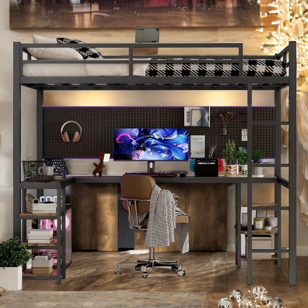 slide 2 of 15, Full XL Metal Loft Bed with Desk and Shelves, Loft Bed with Ladder and Guardrails, Loft Bed Frame for Bedroom Black